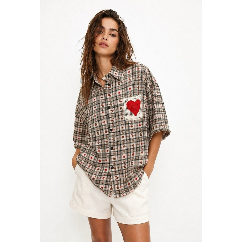 Aelfric Eden Plaid Button Up Shirt Teddy Bear Crochet Heart Large 100% Cotton